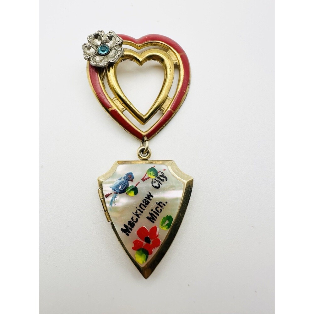 Vtg Sweetheart Locket Brooch Pin Mackinaw City Mother Of Pearl